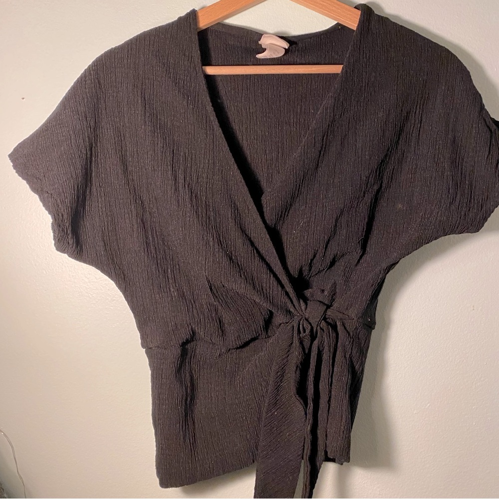 Black short sleeve blouse with tie in front